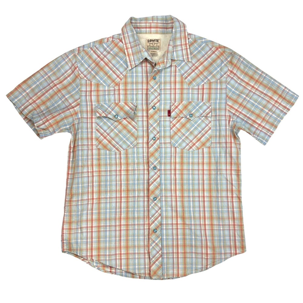 Vintage 80s Levis Longhorn Western Shirt Mens Size M‎ Plaid Short Sleeve